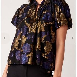 Sea NYC Leandra Black, Purple and Gold Floral Top Blouse, XS